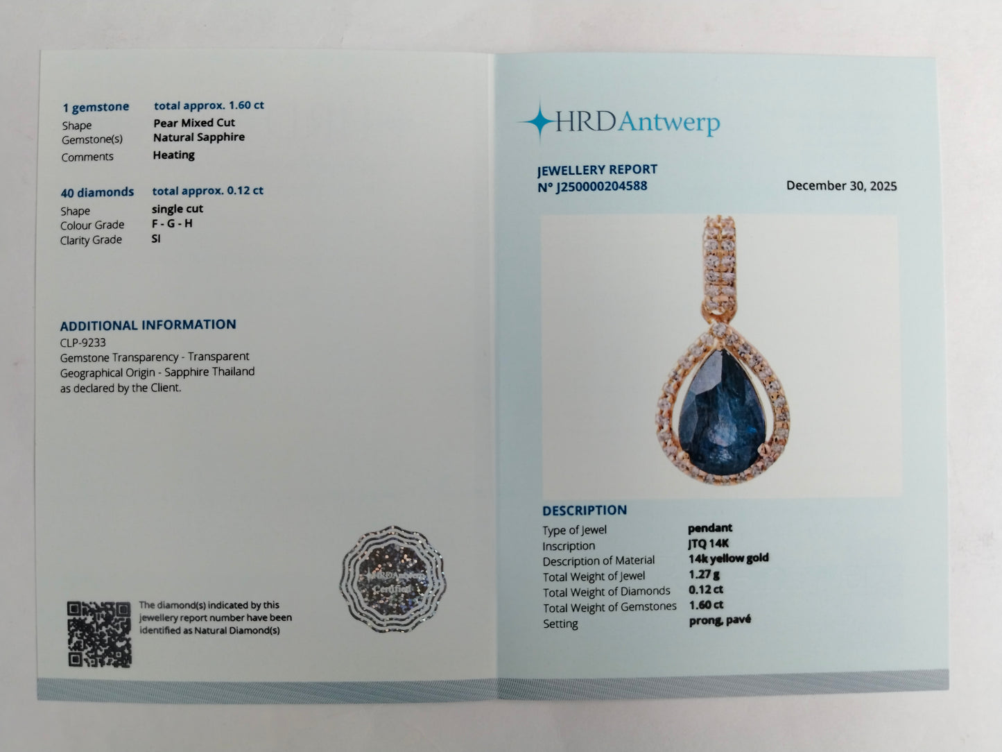 1.72 Ct Pear Mixed Cut Natural Sapphire 14K Gold Pendant