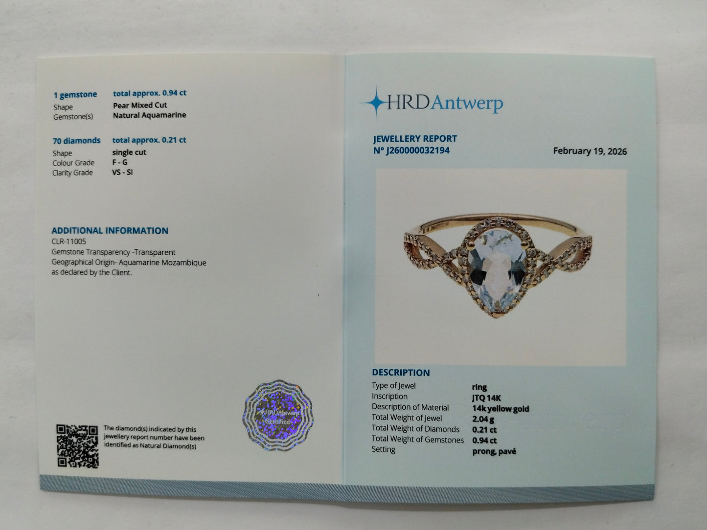 1.15 Ct Pear Mixed Cut Natural Aquamarine 14K Gold Ring