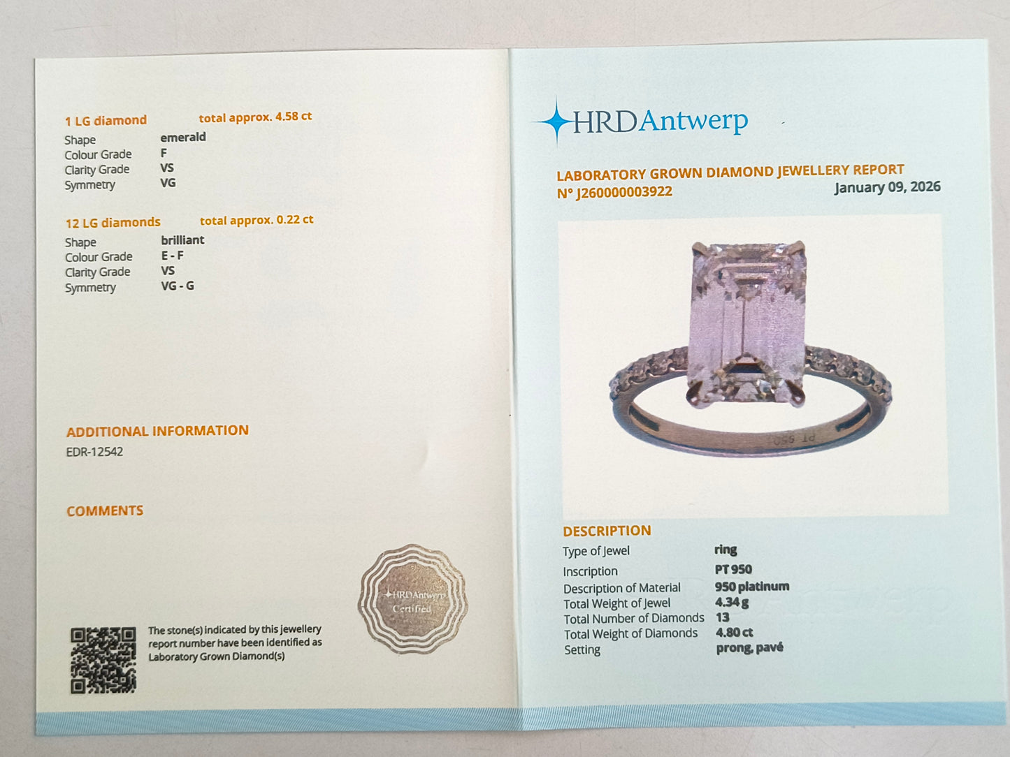 4.80 Carats Lab Grown Diamond 950 Platinum Ring