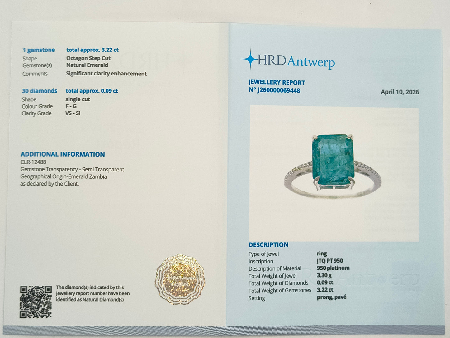 3.31 Ct Octagon Step Cut Natural Emerald 950 Platinum Ring