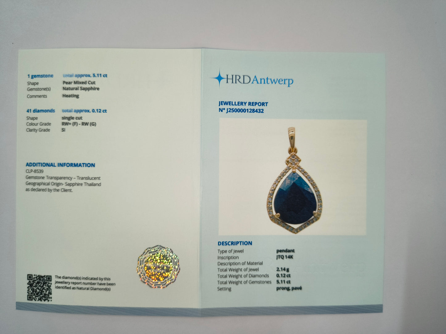 5.23 Ct Pear Natural Sapphire 14K Gold Pendant