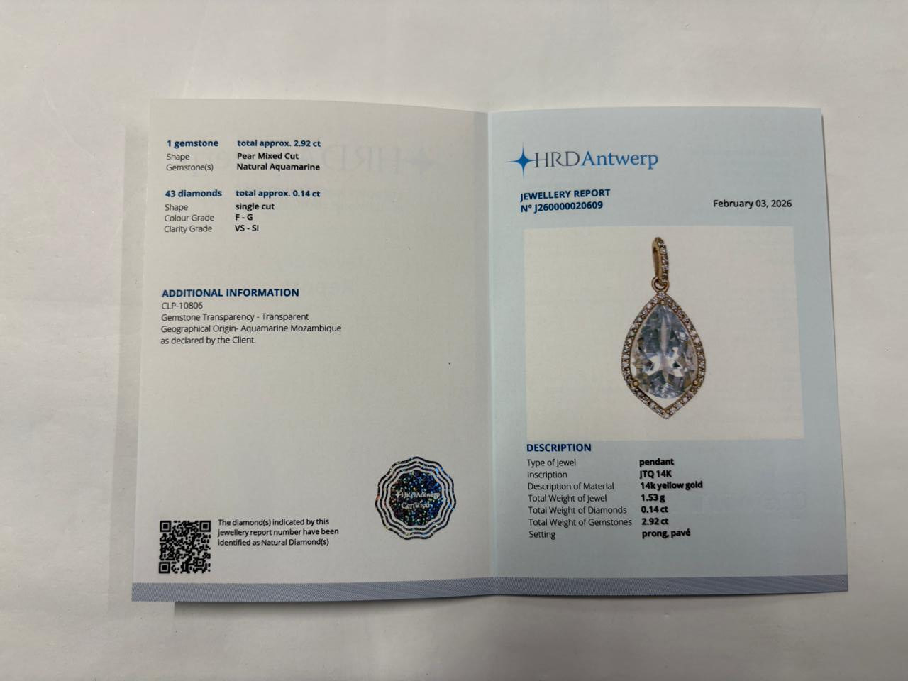 3.05 Ct Pear Mixed Cut Natural Aquamarine 14K Gold Pendant
