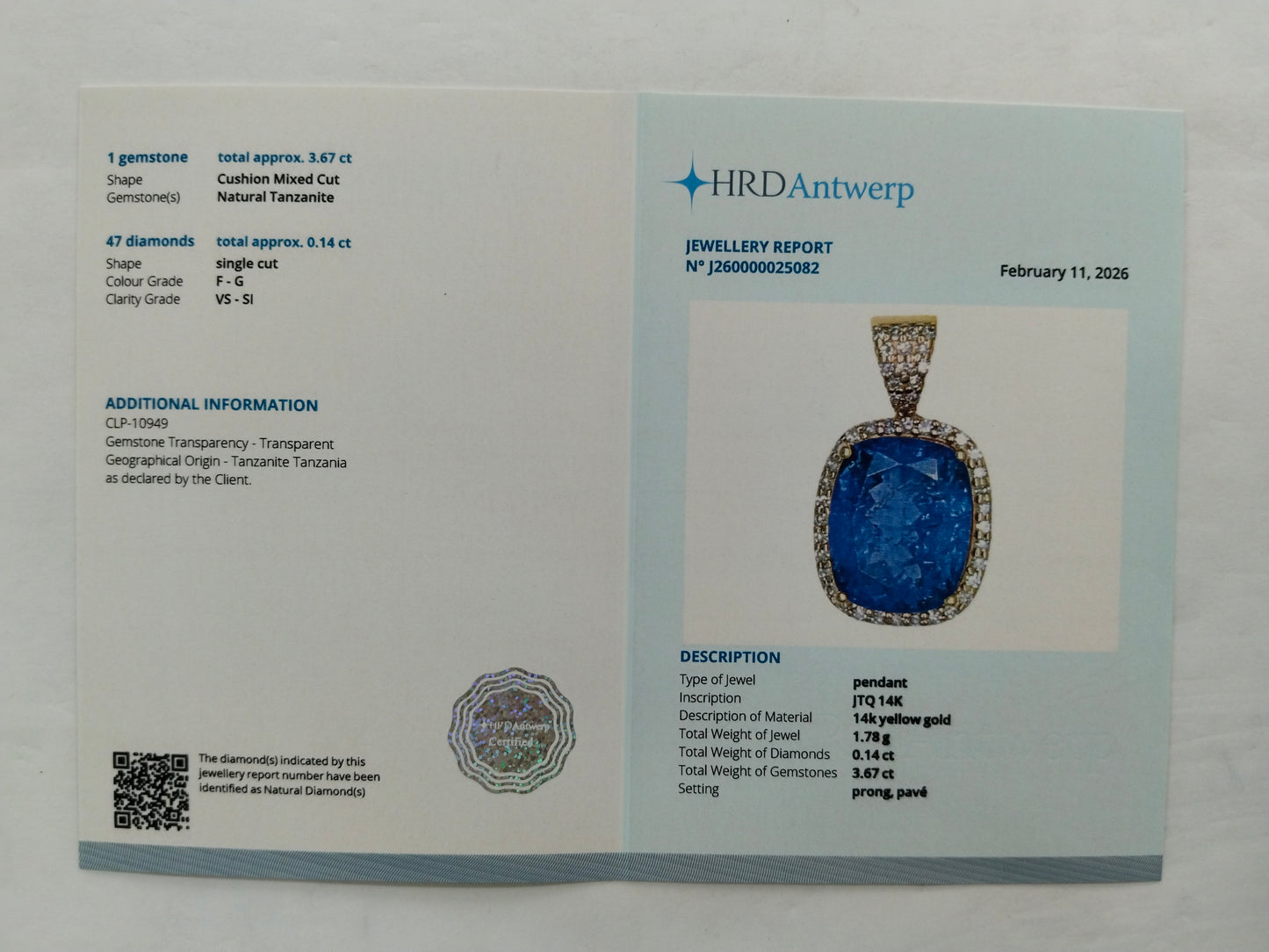 3.81 Ct Cushion Mixed Cut Natural Tanzanite 14K Gold Pendant