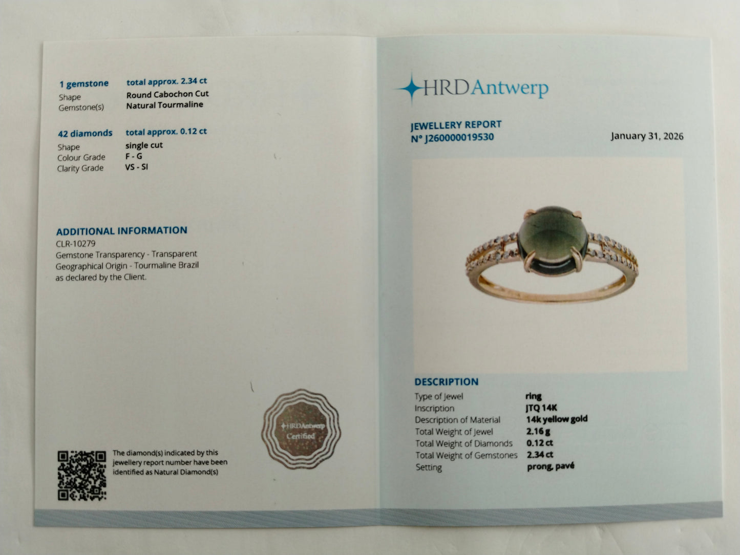 2.46 Ct Round Cabochon Cut Natural Tourmaline 14K Gold Ring