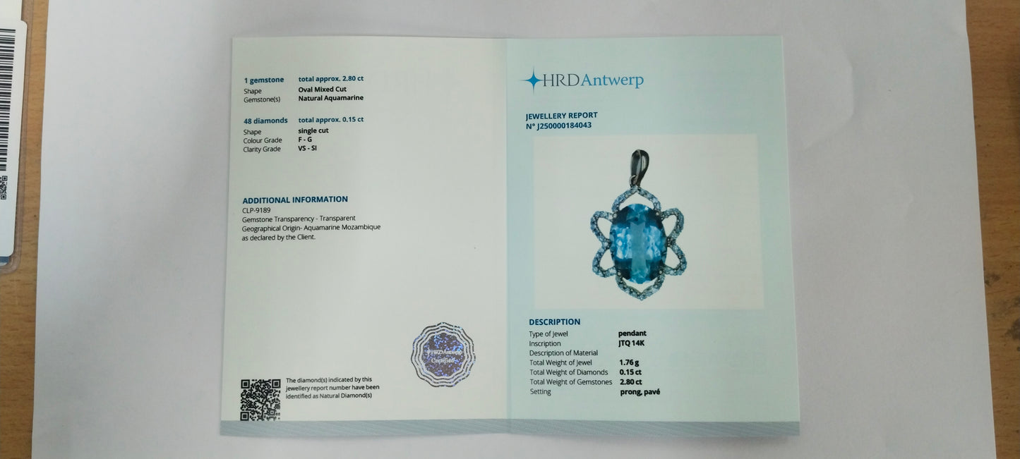 2.95 Ct Oval Mixed Cut Natural Aquamarine 14K Gold Pendant