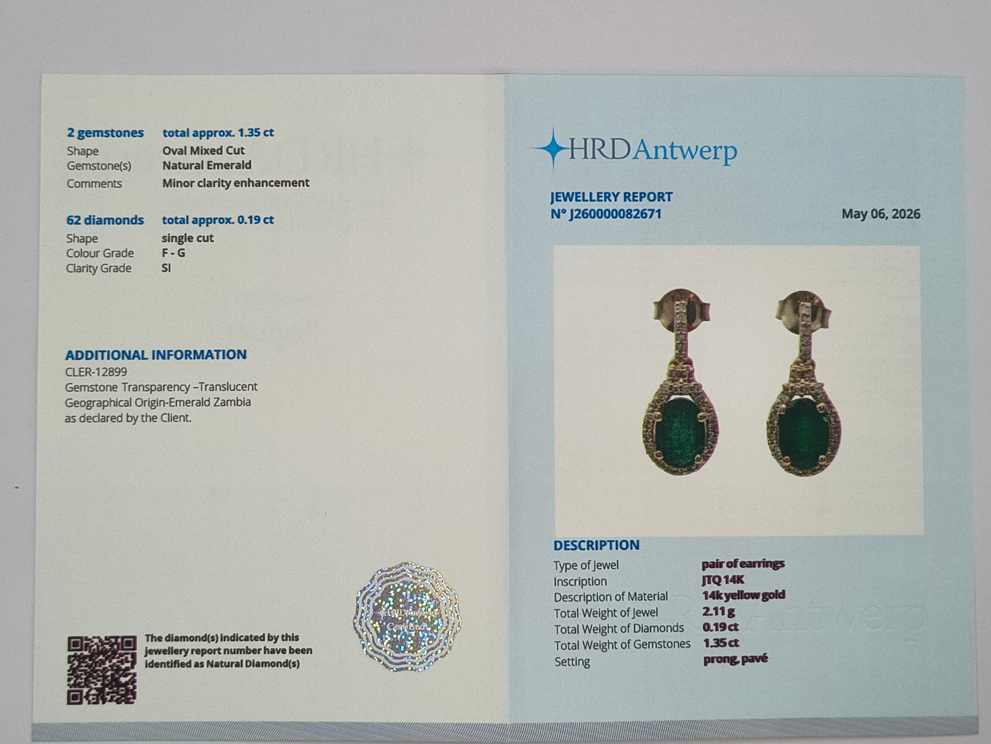 1.54 Ct Oval Mixed Cut Natural Emerald 14K Gold Earrings