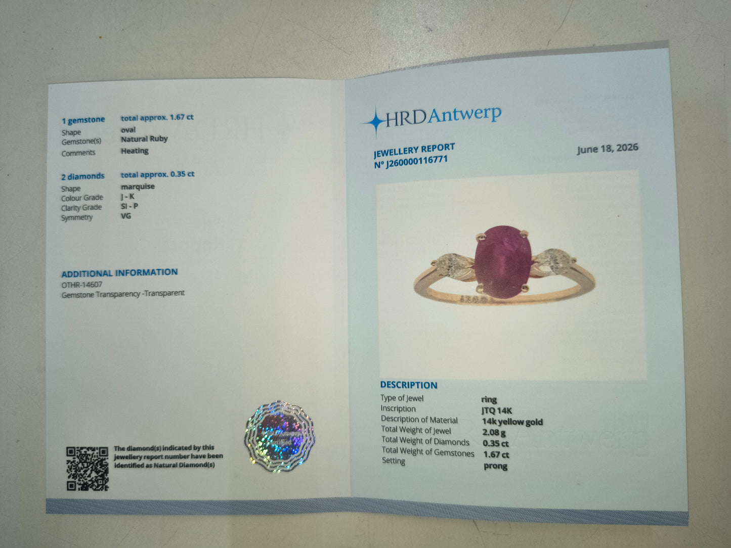 2.02 Ct Oval Natural Ruby 14K Gold Ring