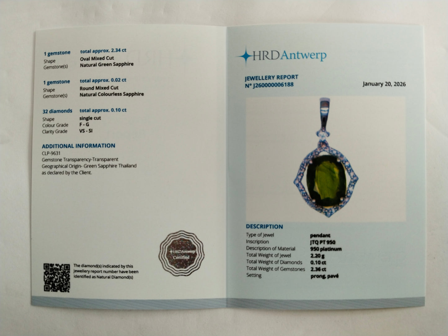 2.46 Ct Oval Mixed Cut Natural Green Sapphire 950 Platinum Pendant