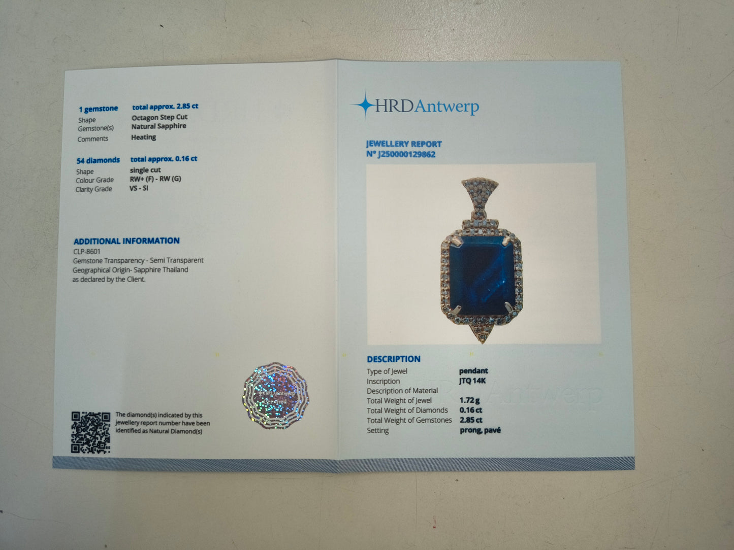 3.01 Ct Octagon Natural Sapphire 14K Gold Pendant