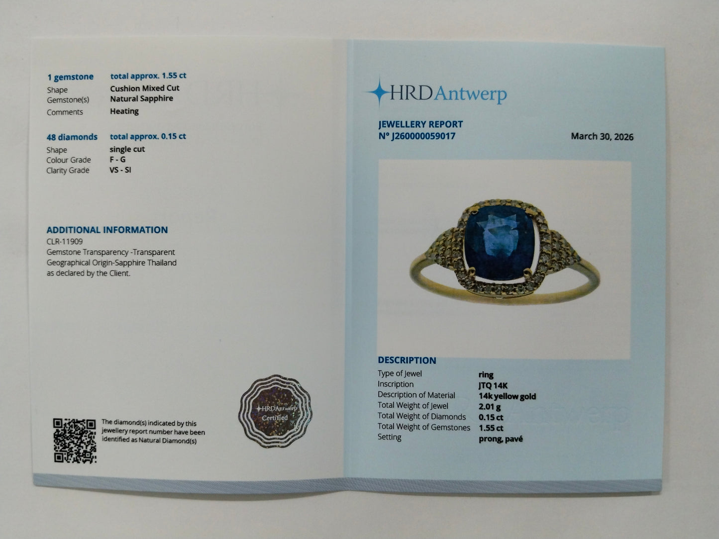 1.70 Ct Cushion Mixed Cut Natural Sapphire 14K Gold Ring