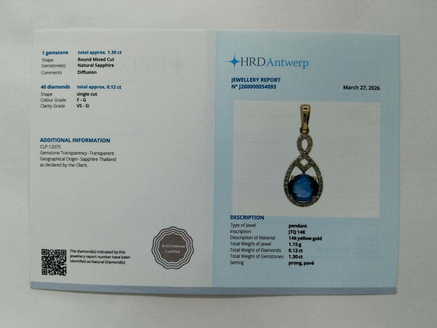 1.42 Ct Round Mixed Cut Natural Sapphire 14K Gold Pendant
