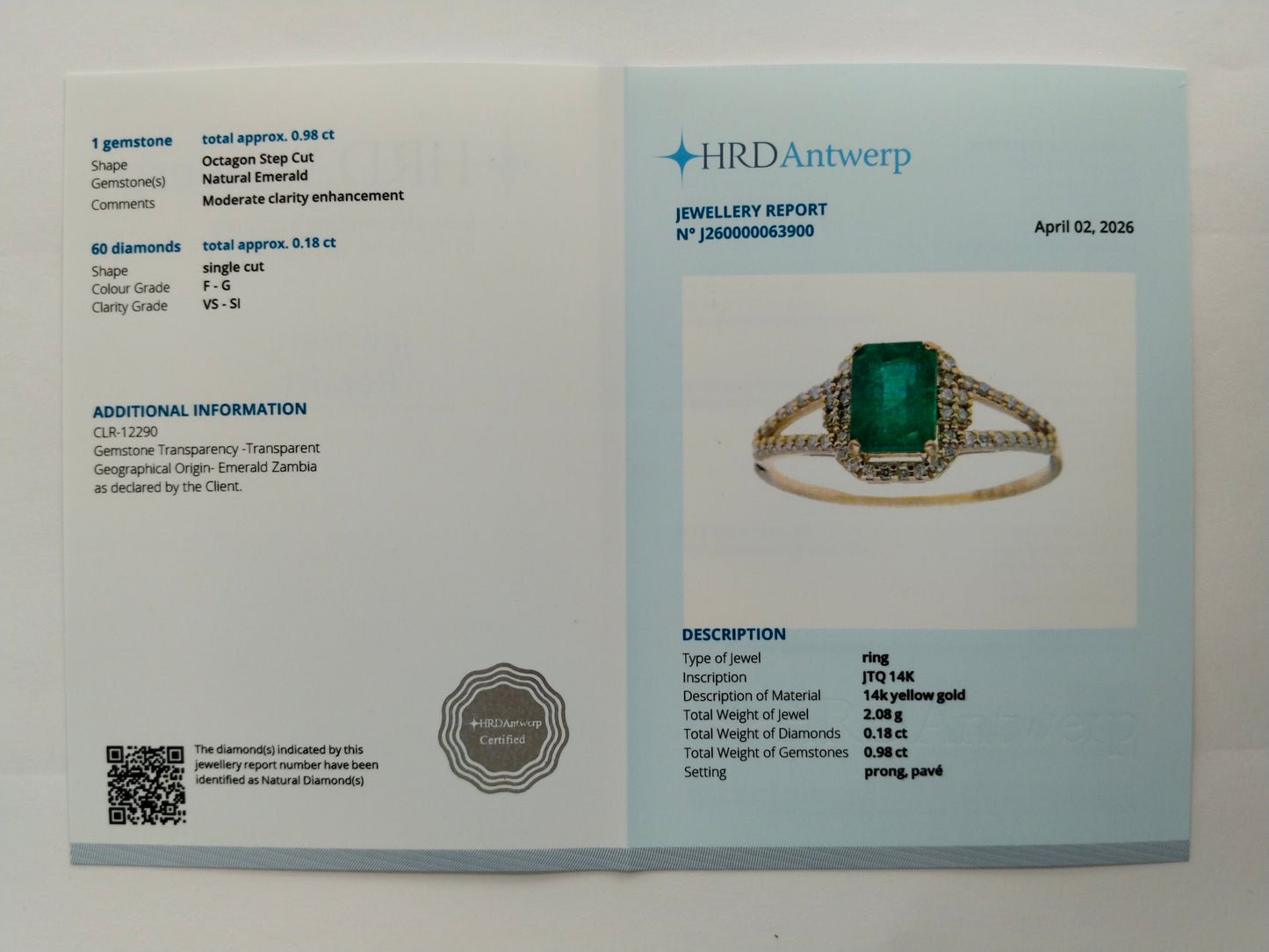 1.16 Ct Octagon Step Cut Natural Emerald 14K Gold Ring