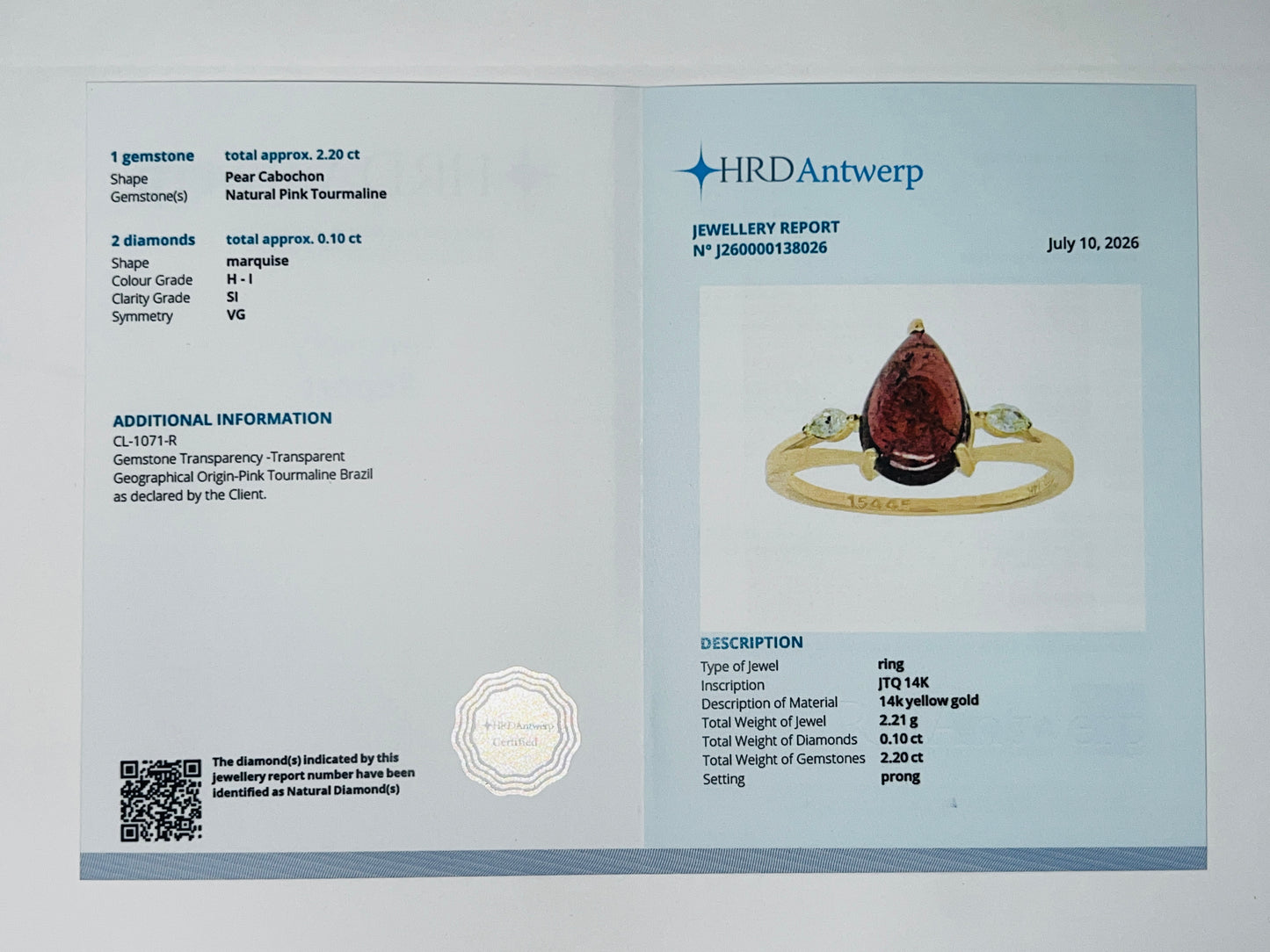 2.30 Ct Pear Natural Pink Tourmaline 14K Gold Ring