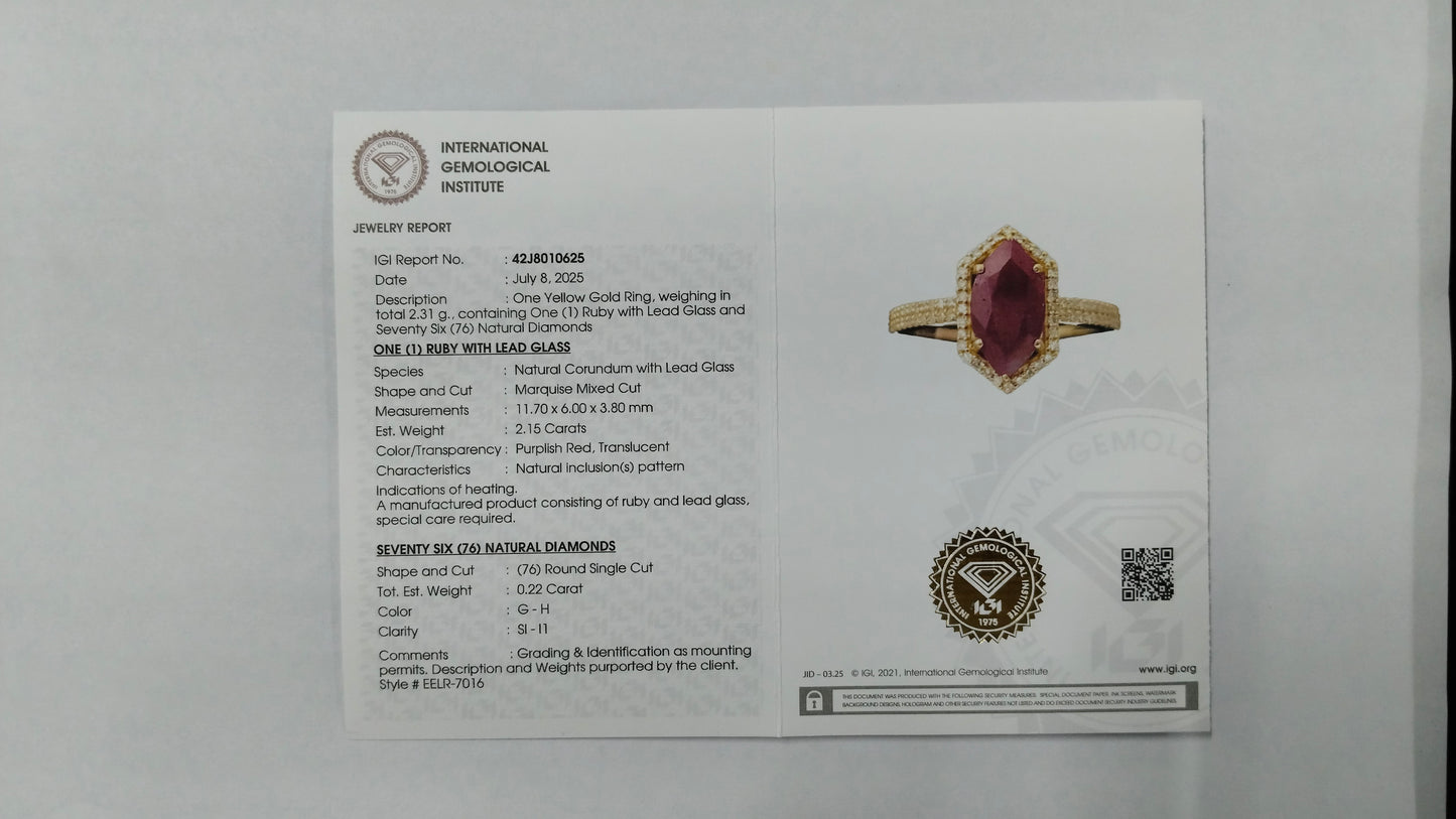 2.37 Ct Marquise Mixed Cut Natural Corundum Ruby 14K Gold Ring
