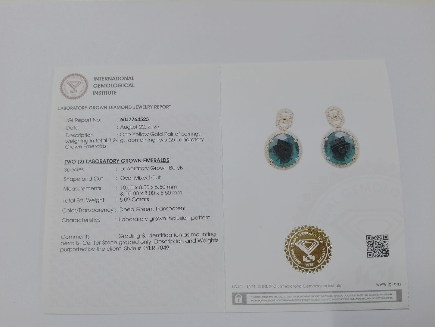 5.41 Ct Oval Mixed Cut Lab Grown Emerald 14K Gold Earrings