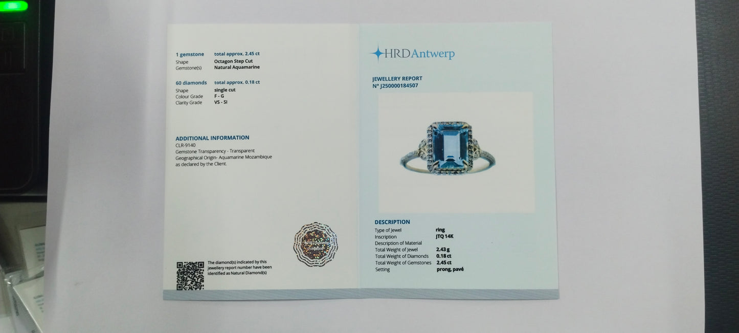 2.63 Ct Octagon Step Cut Natural Aquamarine 14K Gold Ring