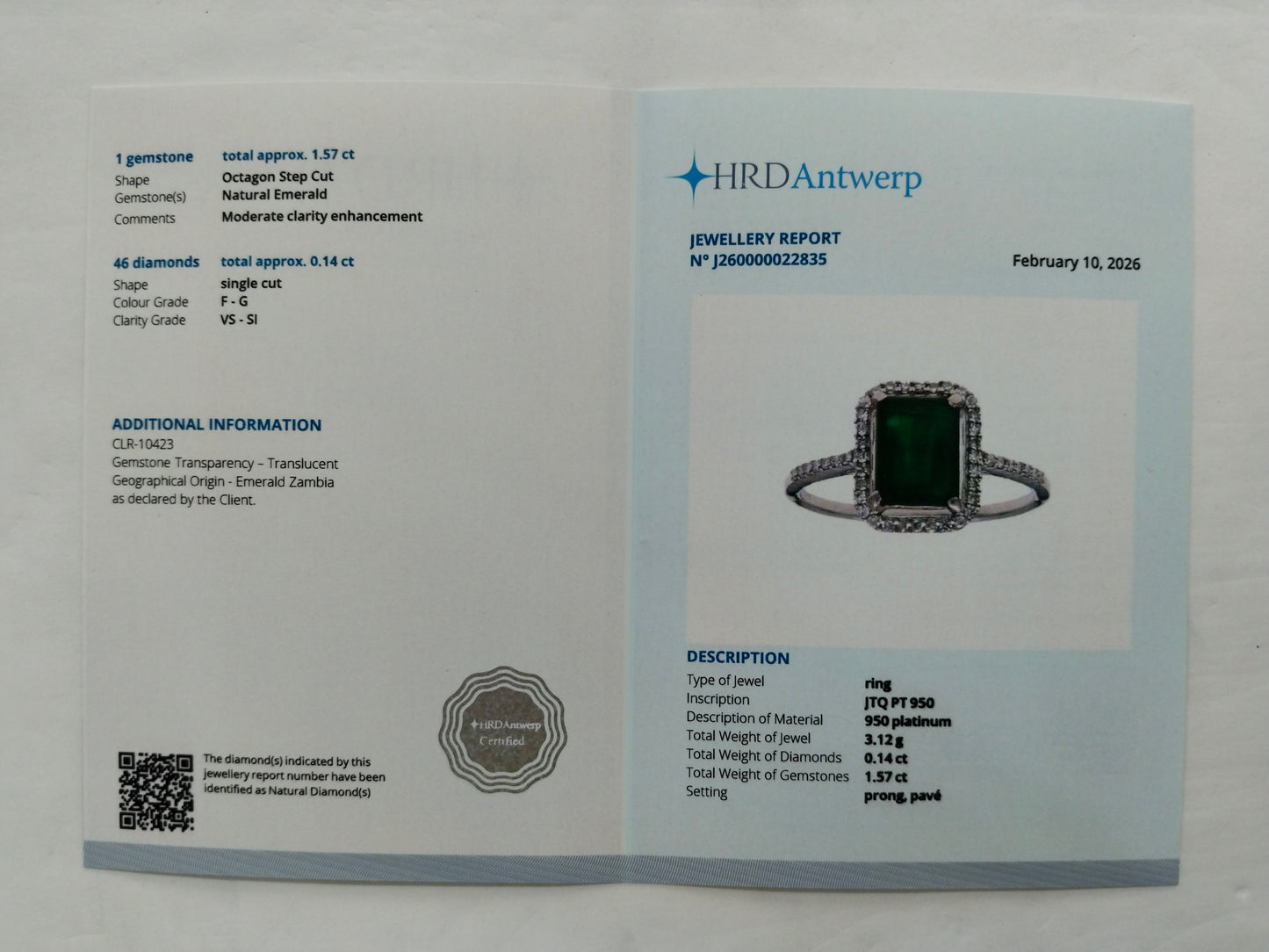 1.71 Ct Octagon Step Cut Natural Emerald 950 Platinum Ring