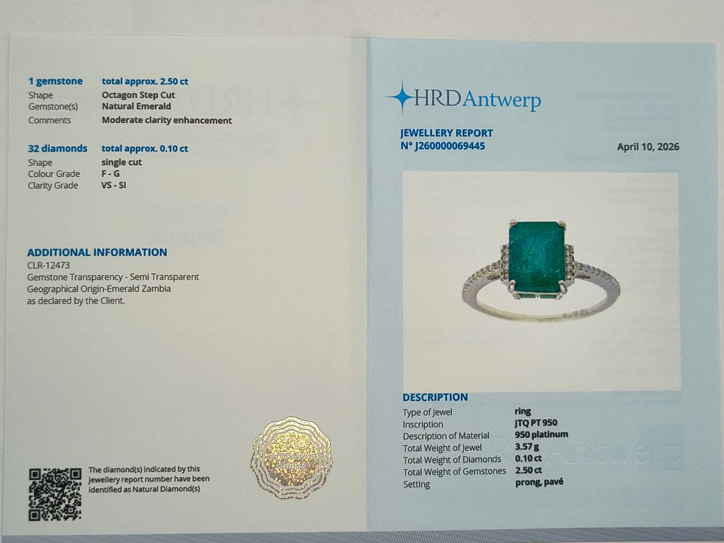 2.60 Ct Octagon Step Cut Natural Emerald 950 Platinum Ring