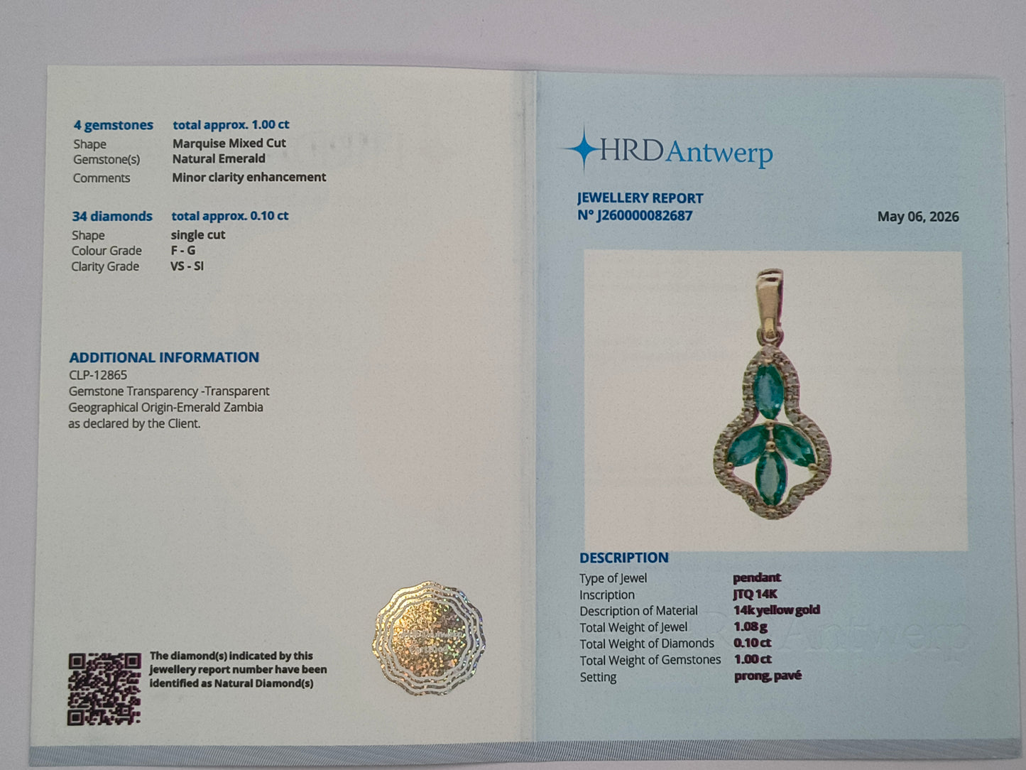 0.59 Ct Marquise Mixed Cut Natural Emerald 14K Gold Pendant