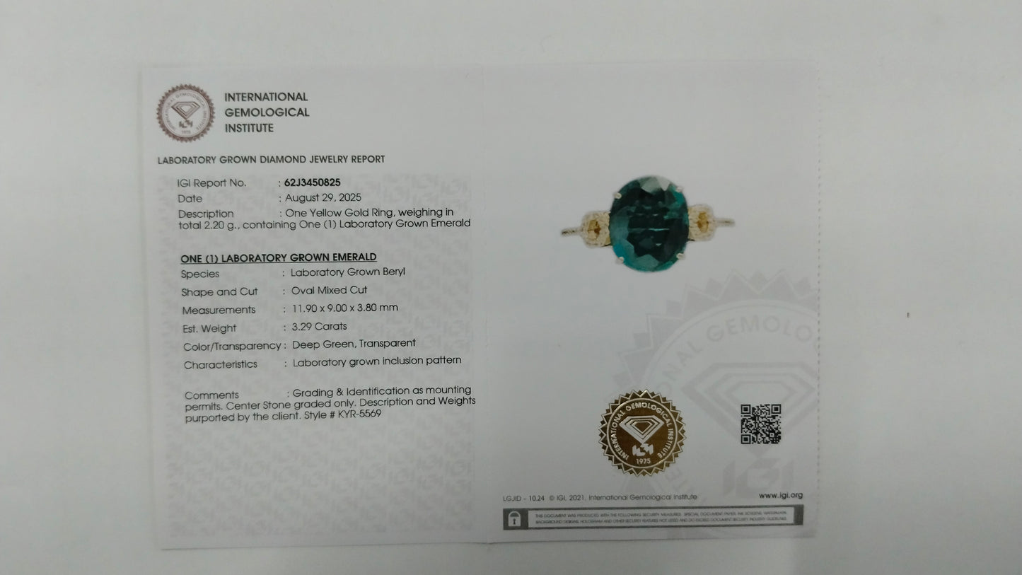 3.40 Ct Oval Mixed Cut Lab Grown Emerald 14K Gold Ring