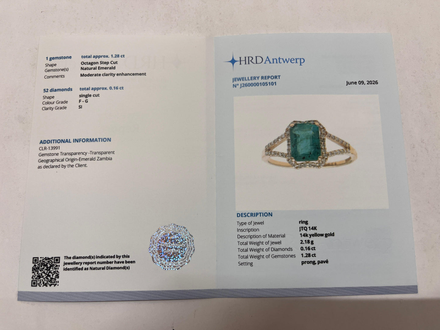 1.44 Ct Octagon Step Cut Natural Emerald 14K Gold Ring