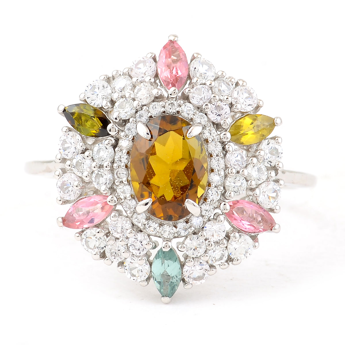 2.14 Ct Oval Mixed Cut, Marquise Mixed Cut Natural Multi-Coloured Tourmaline 950 Platinum Ring