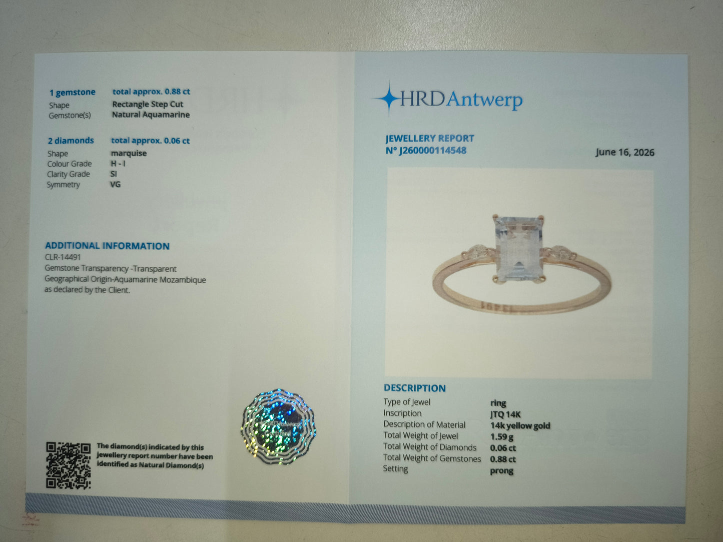 0.94 Ct Rectangle Step Cut Natural Aquamarine 14K Gold Ring