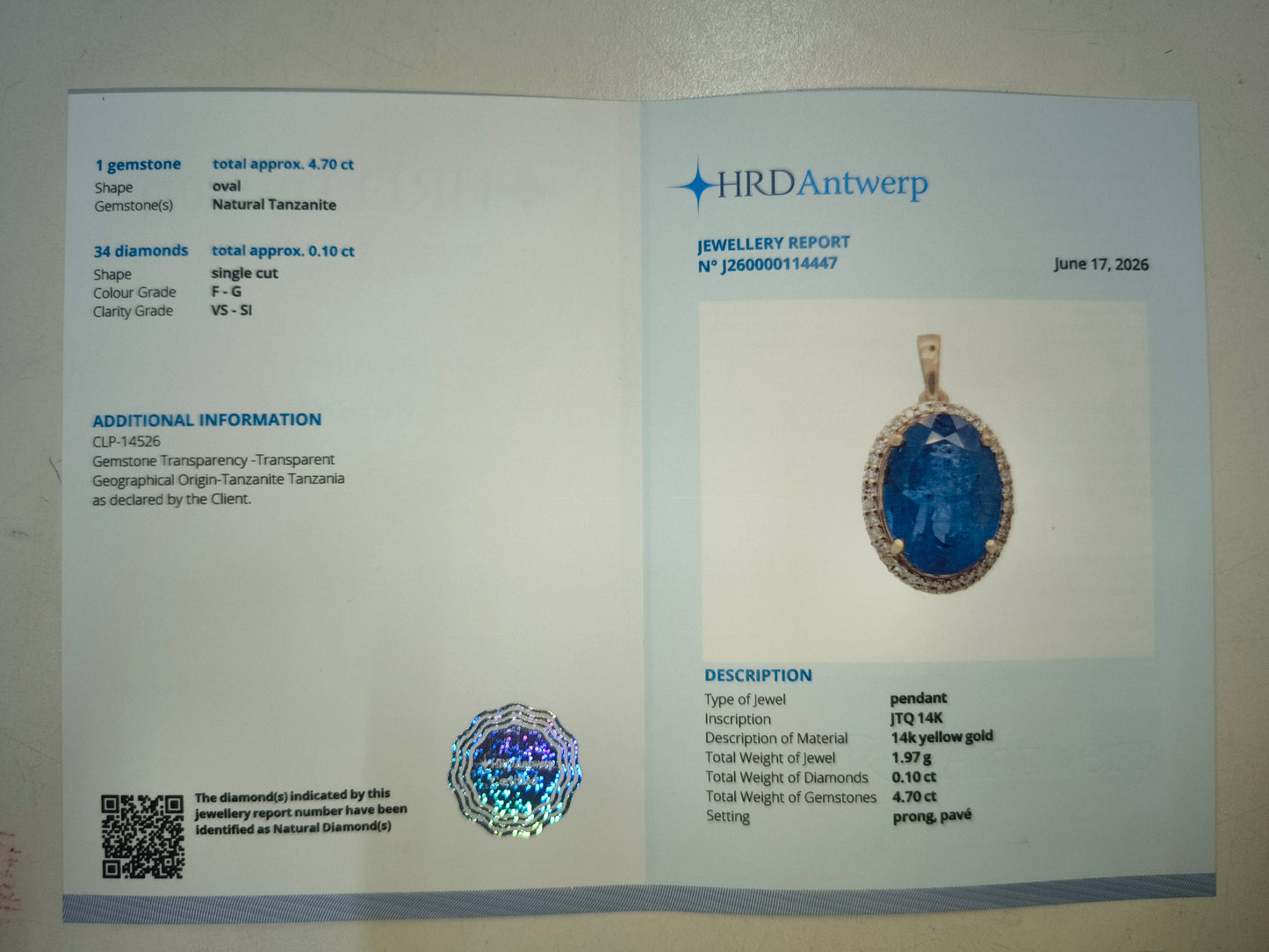4.80 Ct Oval Natural Tanzanite 14K Gold Pendant