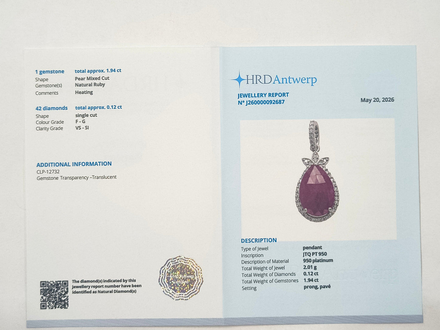 2.06 Ct Pear Ruby 950 Platinum Pendant