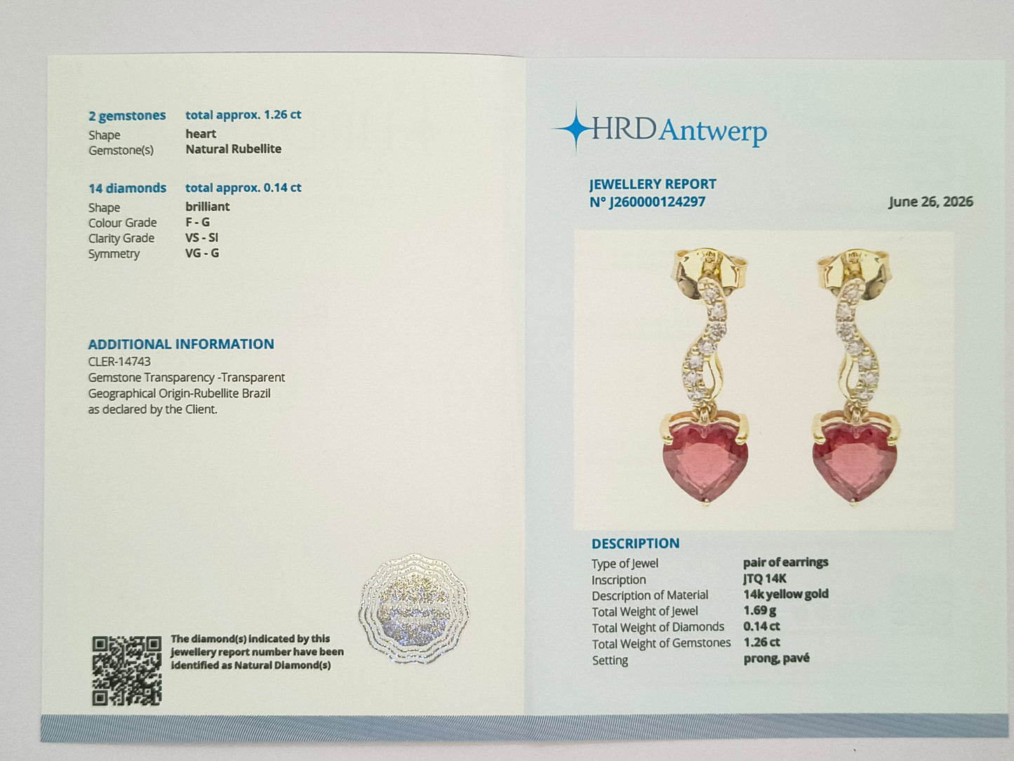 1.40 Ct Heart Natural Rubellite 14K Gold Earrings