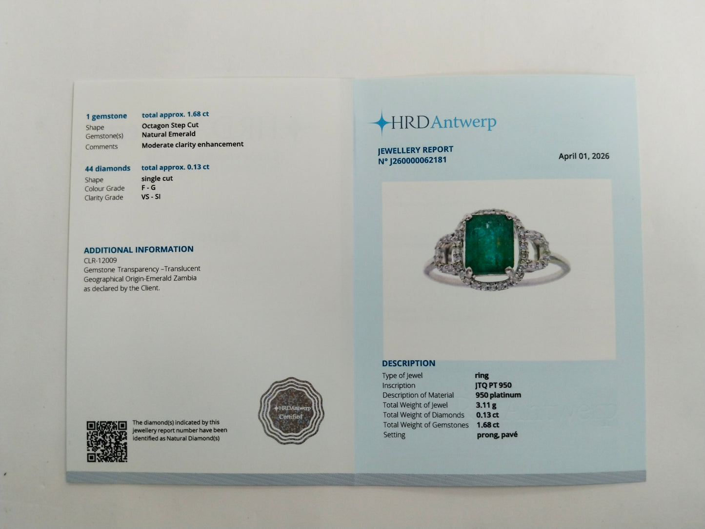 1.81 Ct Octagon Step Cut Natural Emerald 950 Platinum Ring