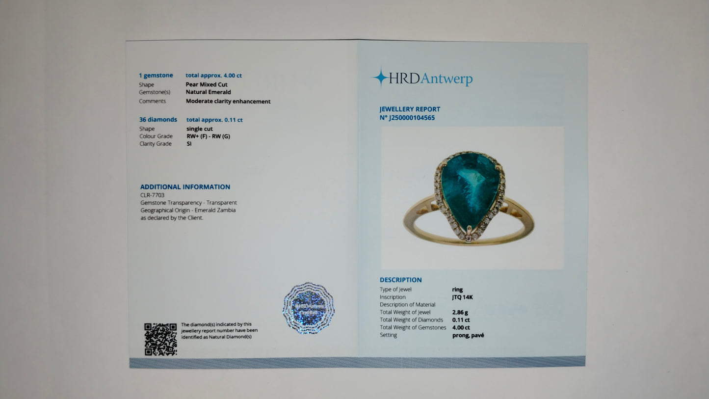 4.11 Ct Pear Mixed Cut Natural Emerald 14K Gold Ring