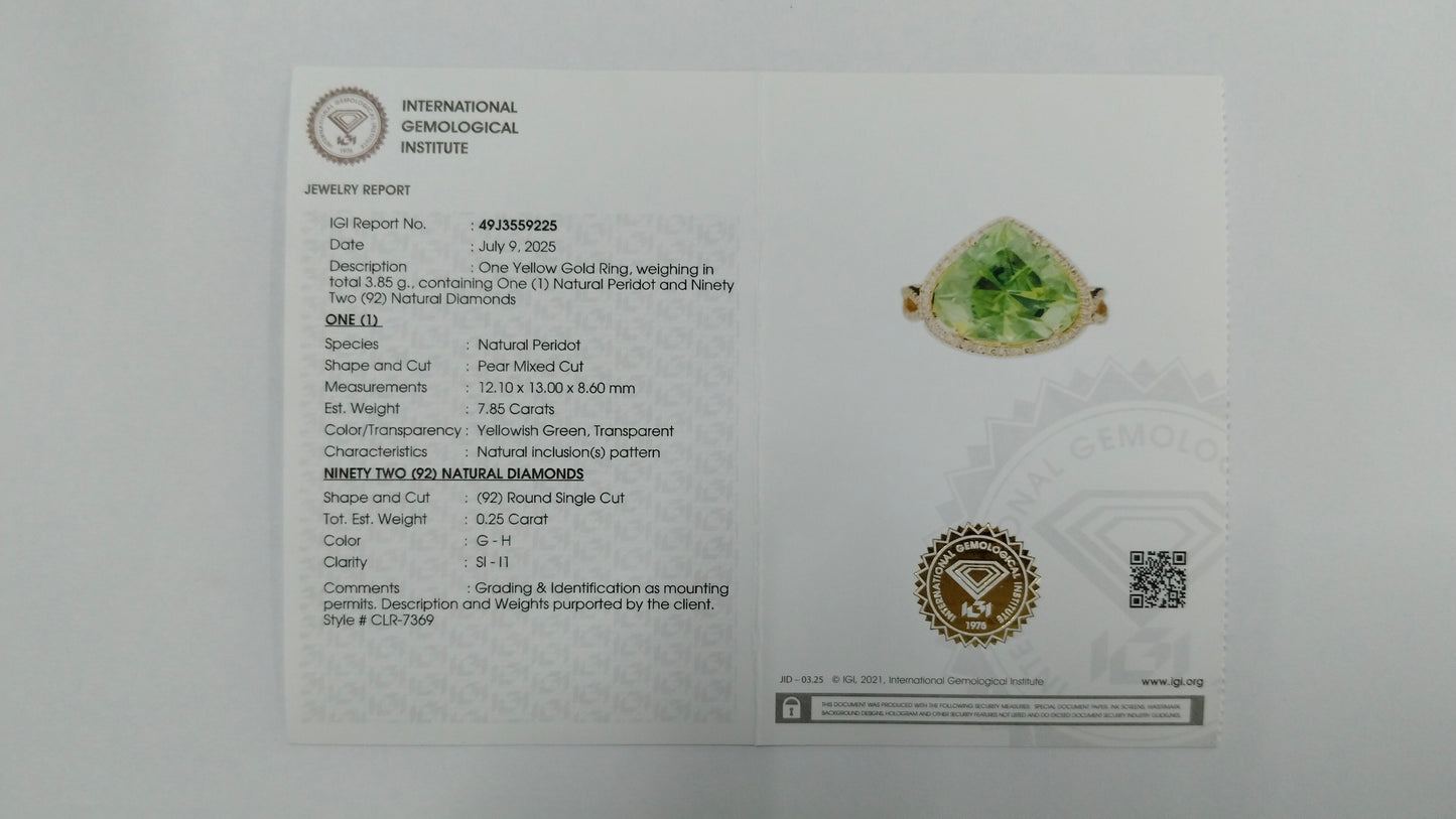 8.10 Ct Pear Mixed Cut Natural Peridot 14K Gold Ring