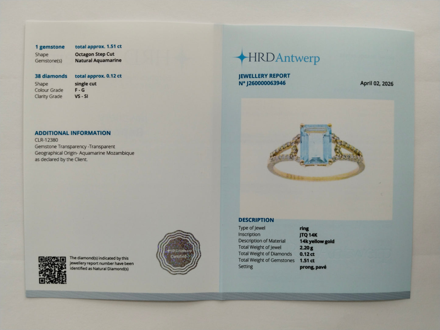 1.63 Ct Octagon Step Cut Natural Aquamarine 14K Gold Ring