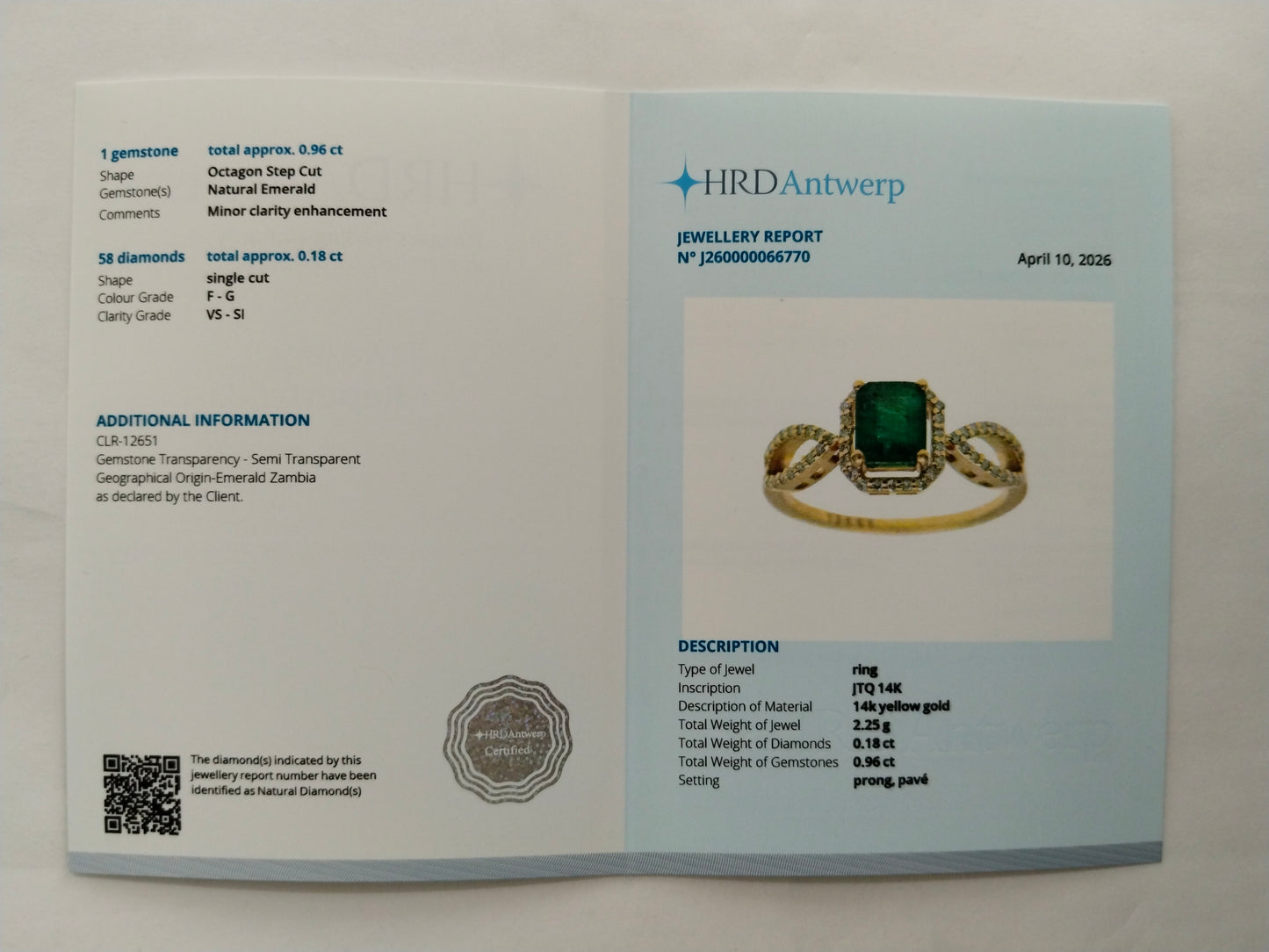 1.14 Ct Octagon Step Cut Natural Emerald 14K Gold Ring
