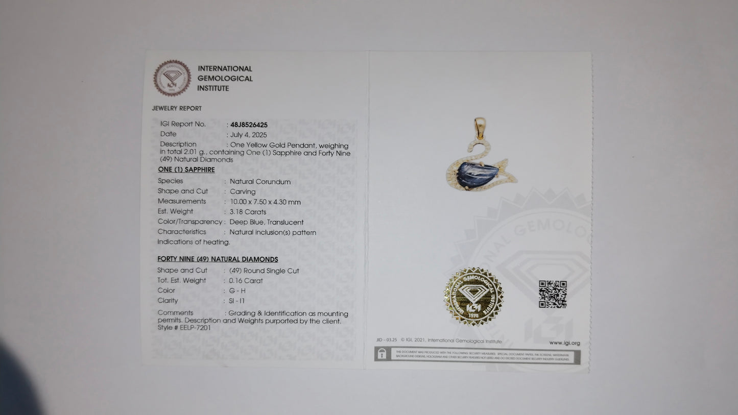 3.34 Ct Fancy Carving Natural Corundum Sapphire 14K Gold Pendant