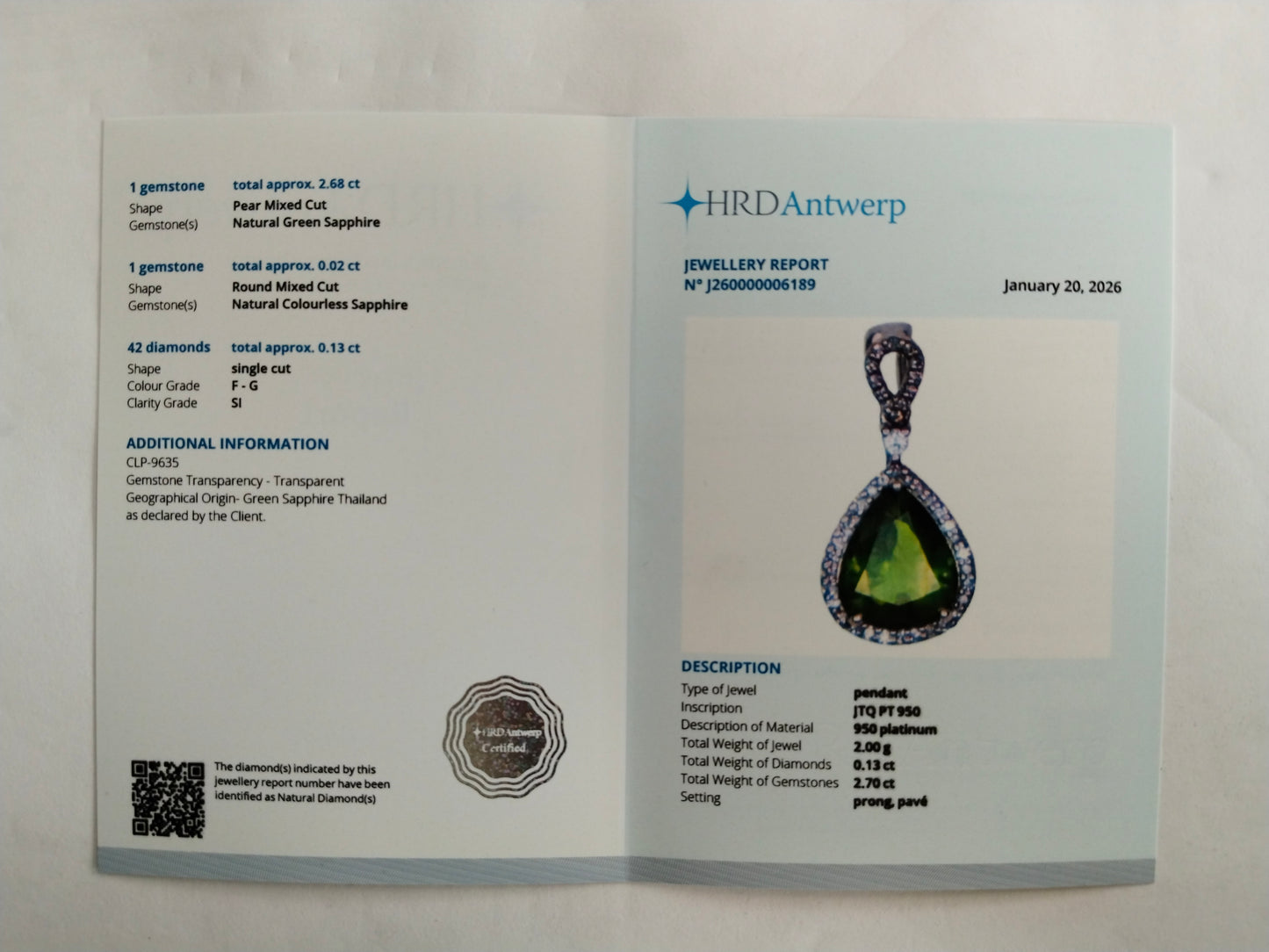 2.83 Ct Pear Mixed Cut Natural Green Sapphire 950 Platinum Pendant