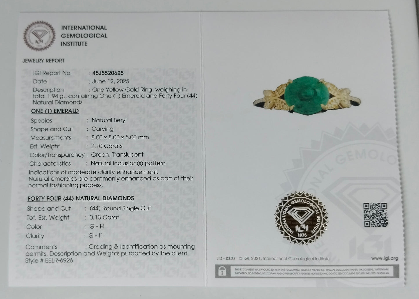 2.23 Ct Round Carving Natural Beryl Emerald 14K Gold Ring