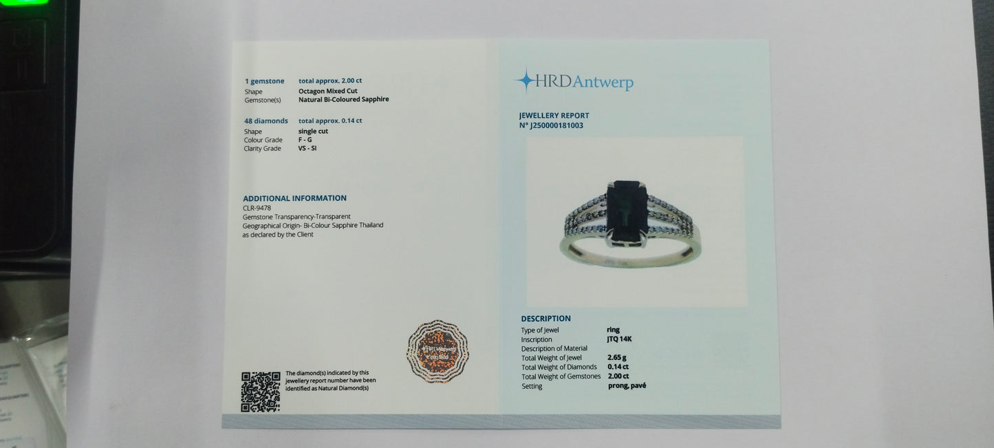 2.14 Ct Octagon Step Cut Natural Bi-Coloured Sapphire 14K Gold Ring