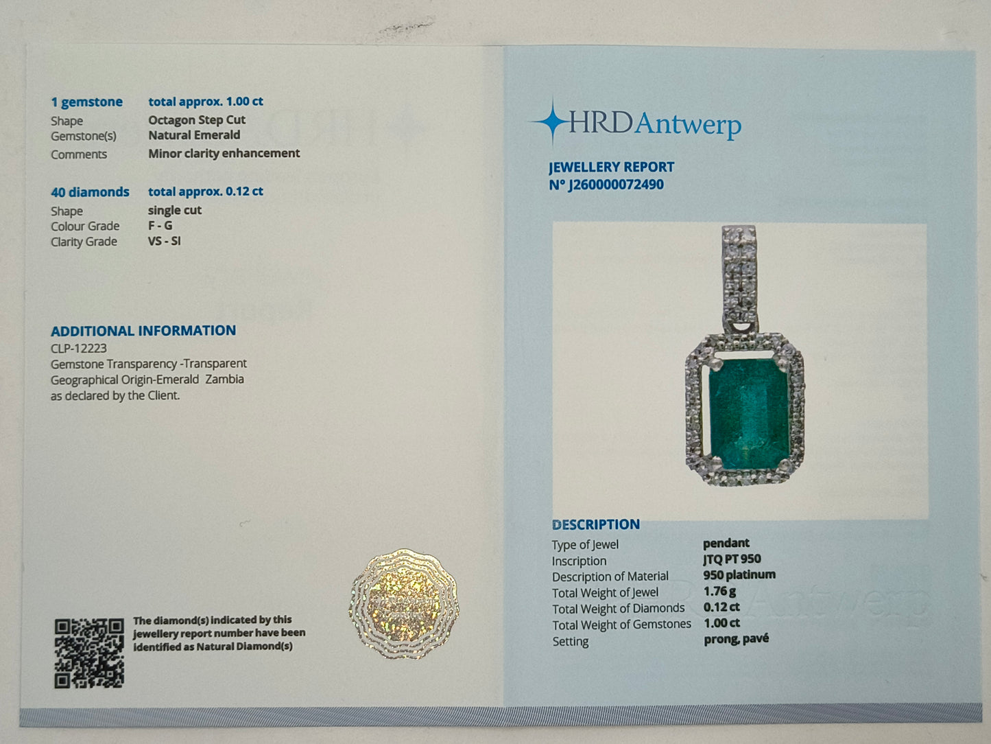 1.12 Ct Octagon Step Cut Natural Emerald 950 Platinum Pendant