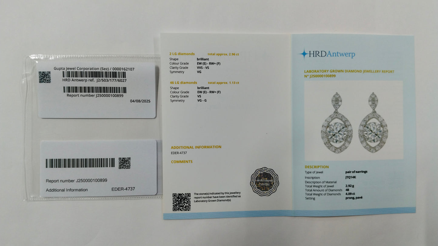 4.09 Carats Lab Grown Diamond 14K Gold Earrings