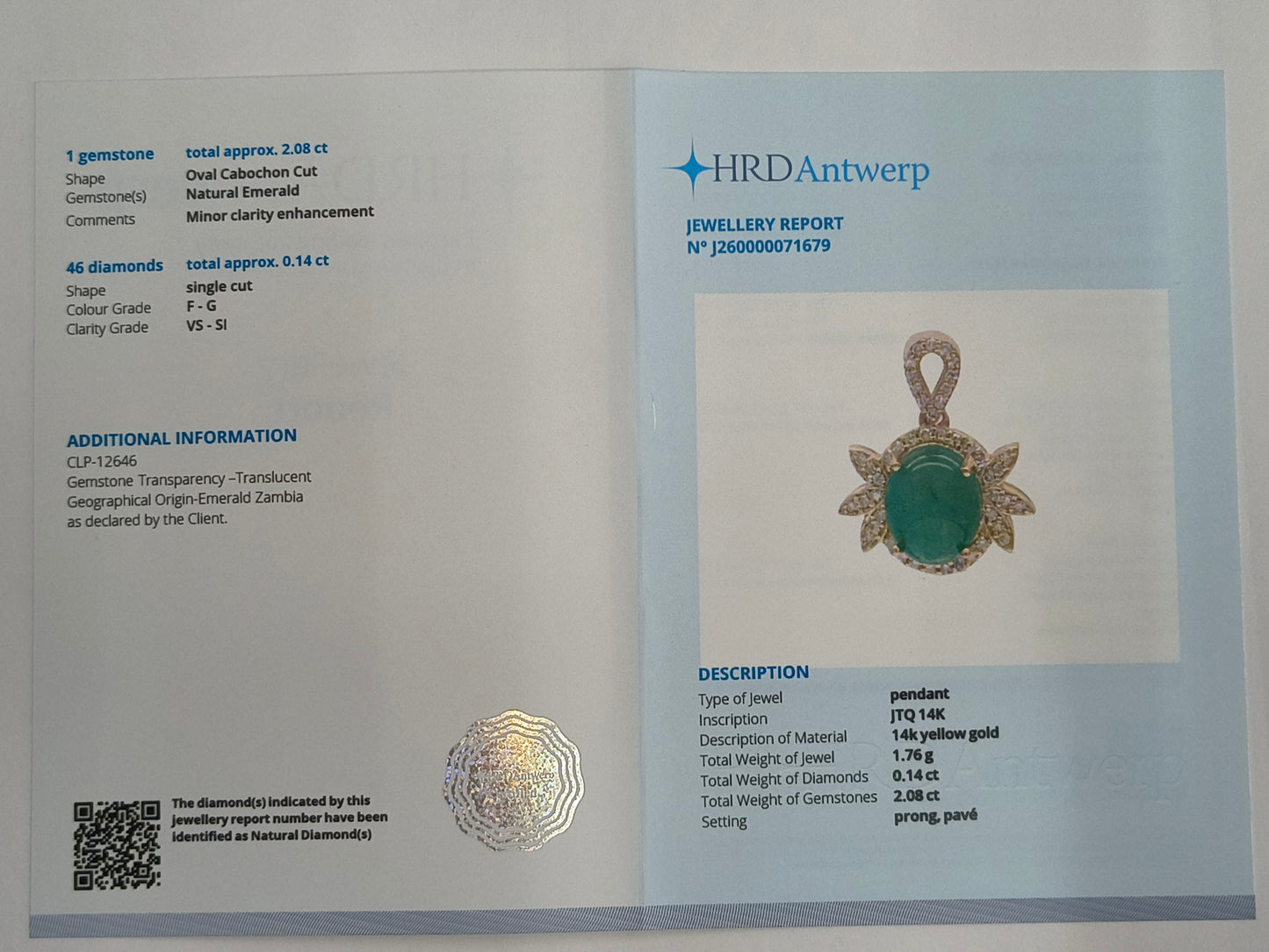 2.22 Ct Oval Cabochon Cut Natural Emerald 14K Gold Pendant