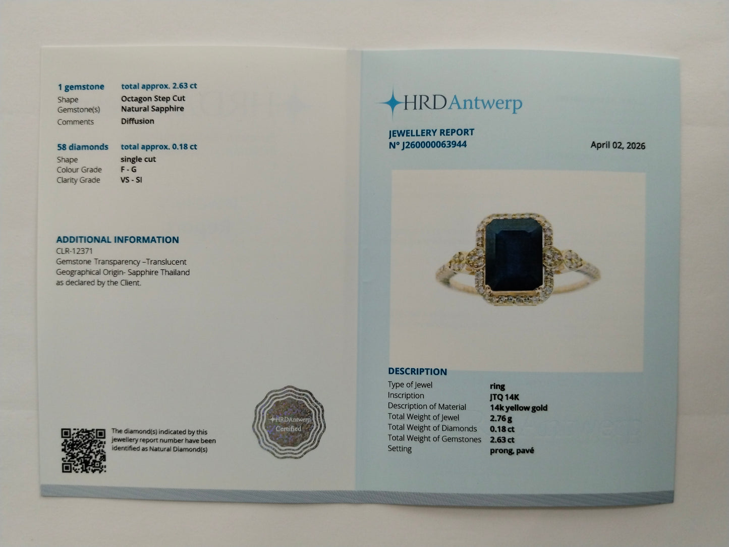 2.81 Ct Octagon Step Cut Natural Sapphire 14K Gold Ring