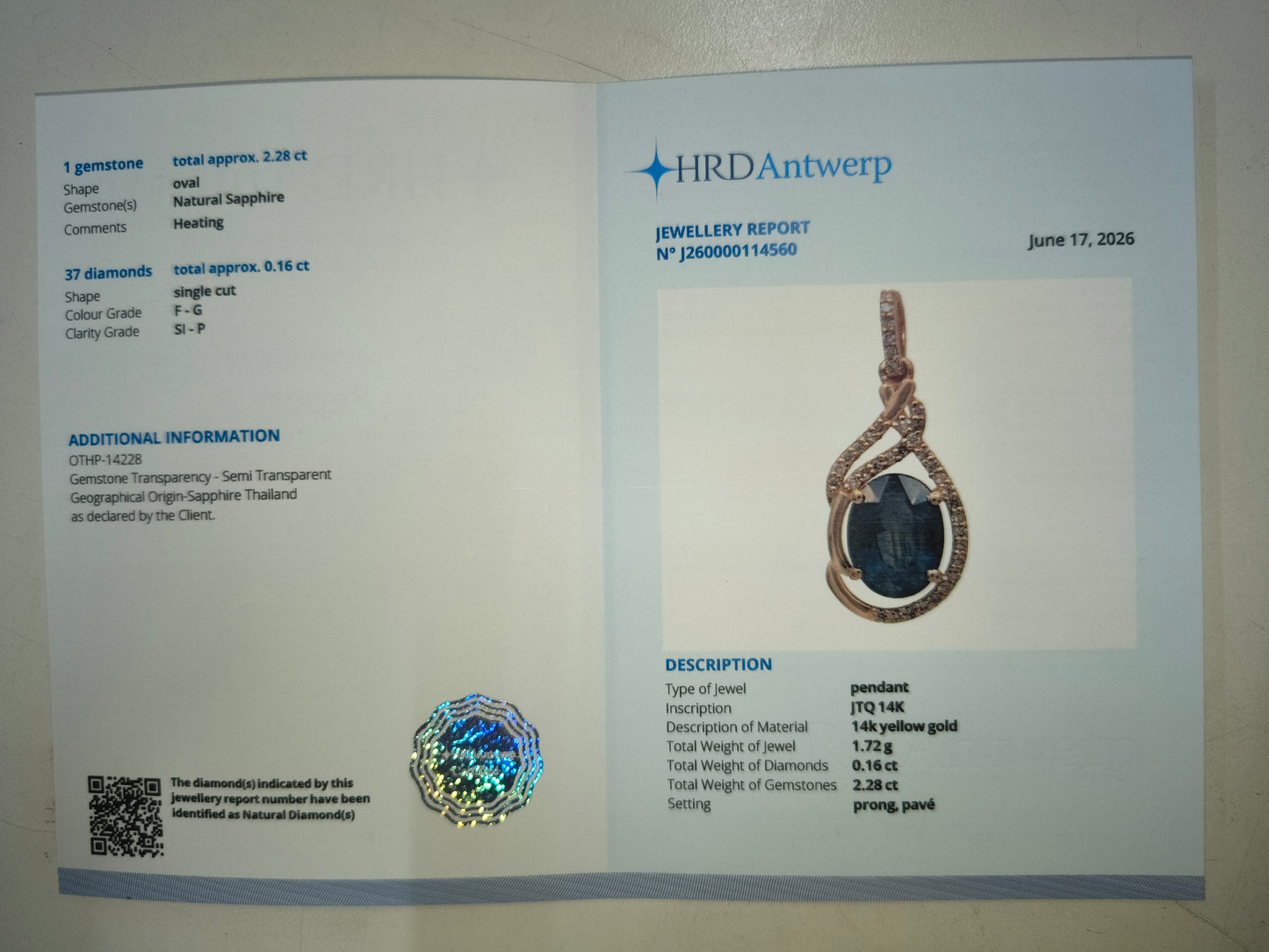 2.44 Ct Oval Natural Sapphire 14K Gold Pendant