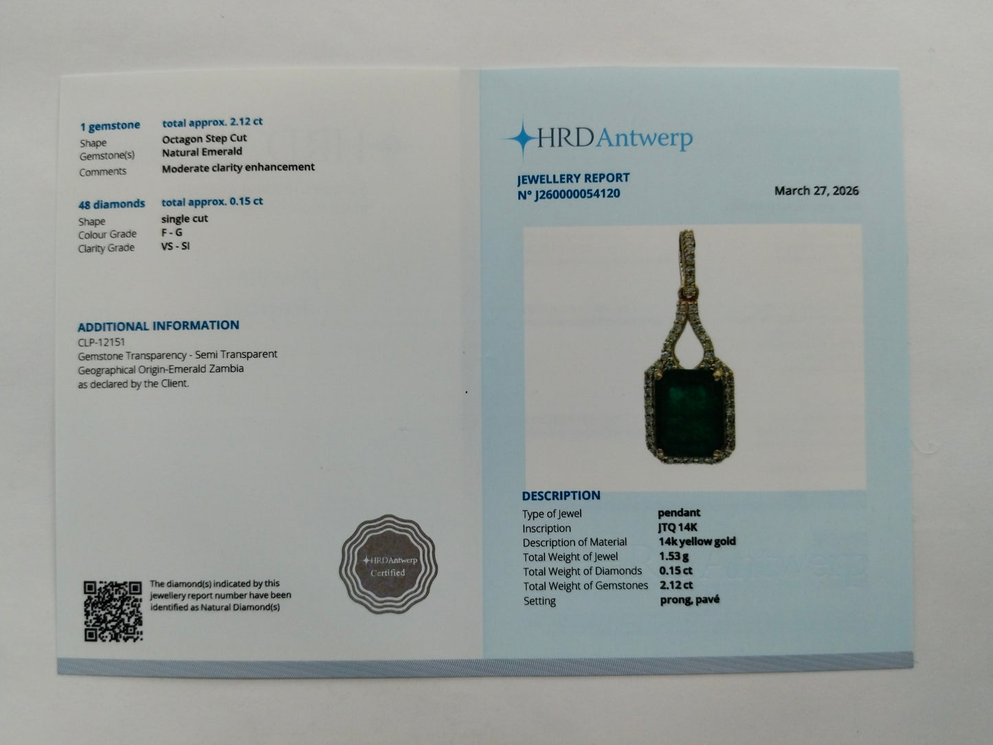 2.27 Ct Octagon Step Cut Natural Emerald 14K Gold Pendant