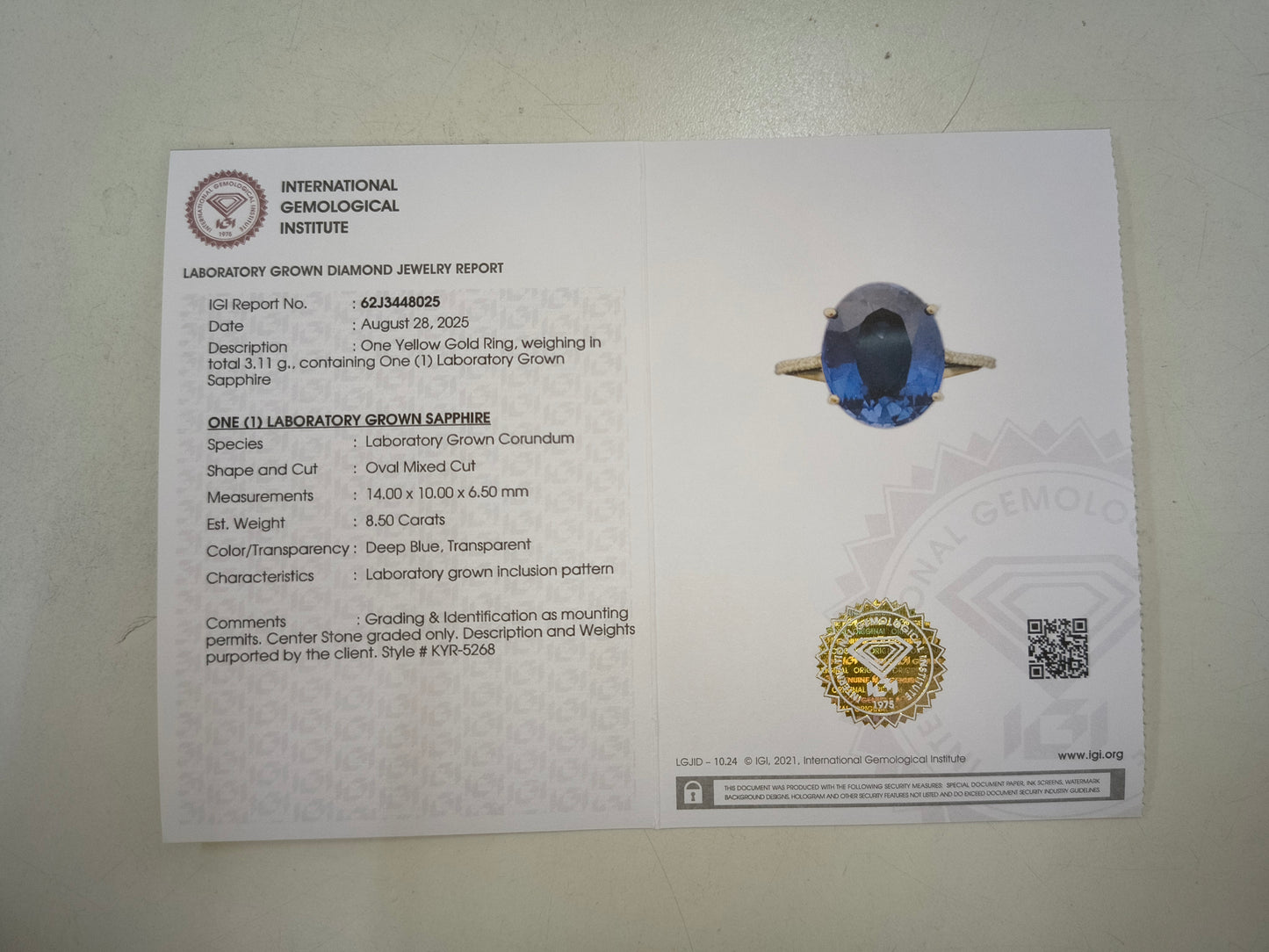8.58 Ct Oval Mixed Cut Lab Grown Sapphire 14K Gold Ring