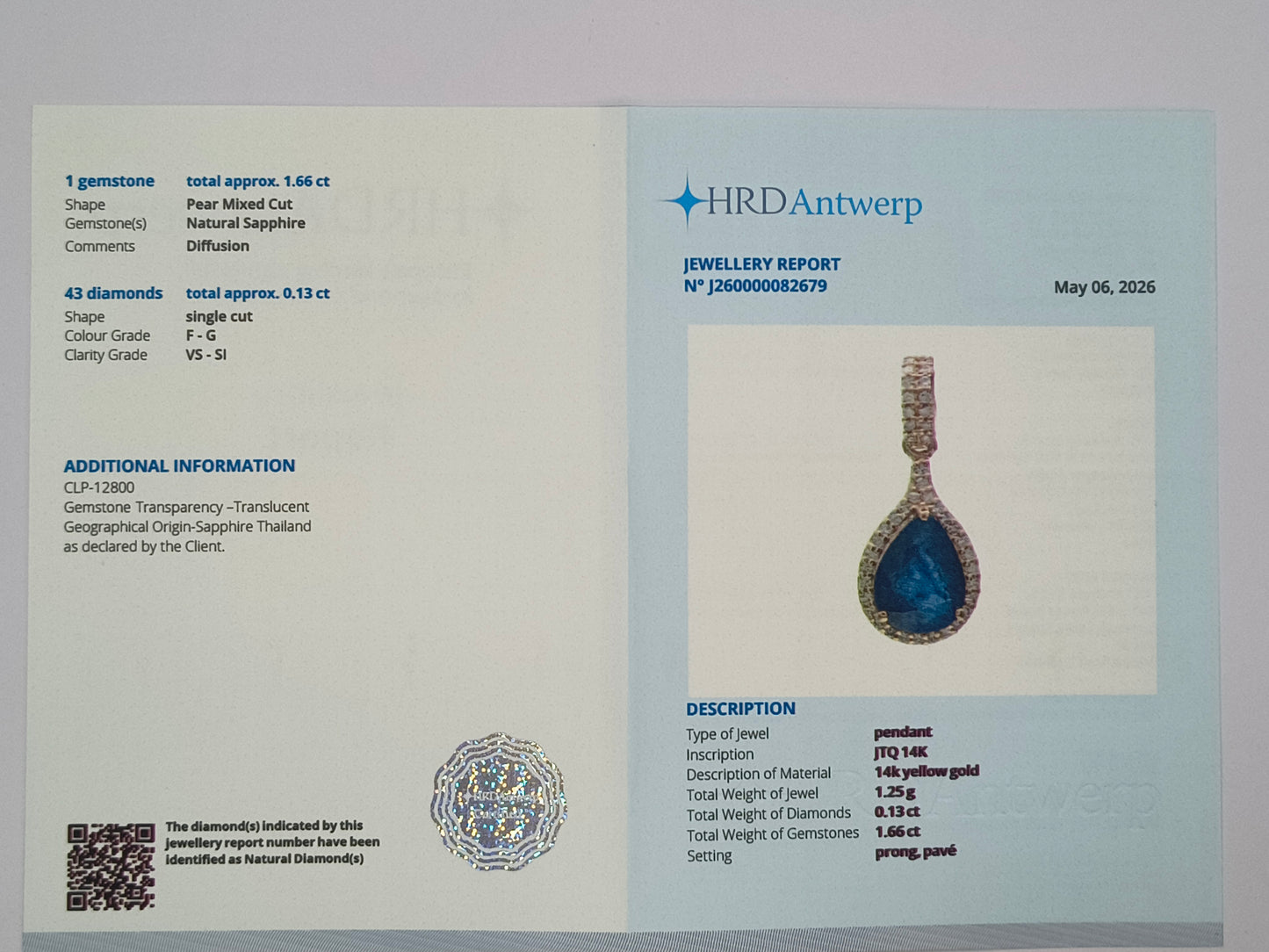1.79 Ct Pear Mixed Cut Natural Sapphire 14K Gold Pendant