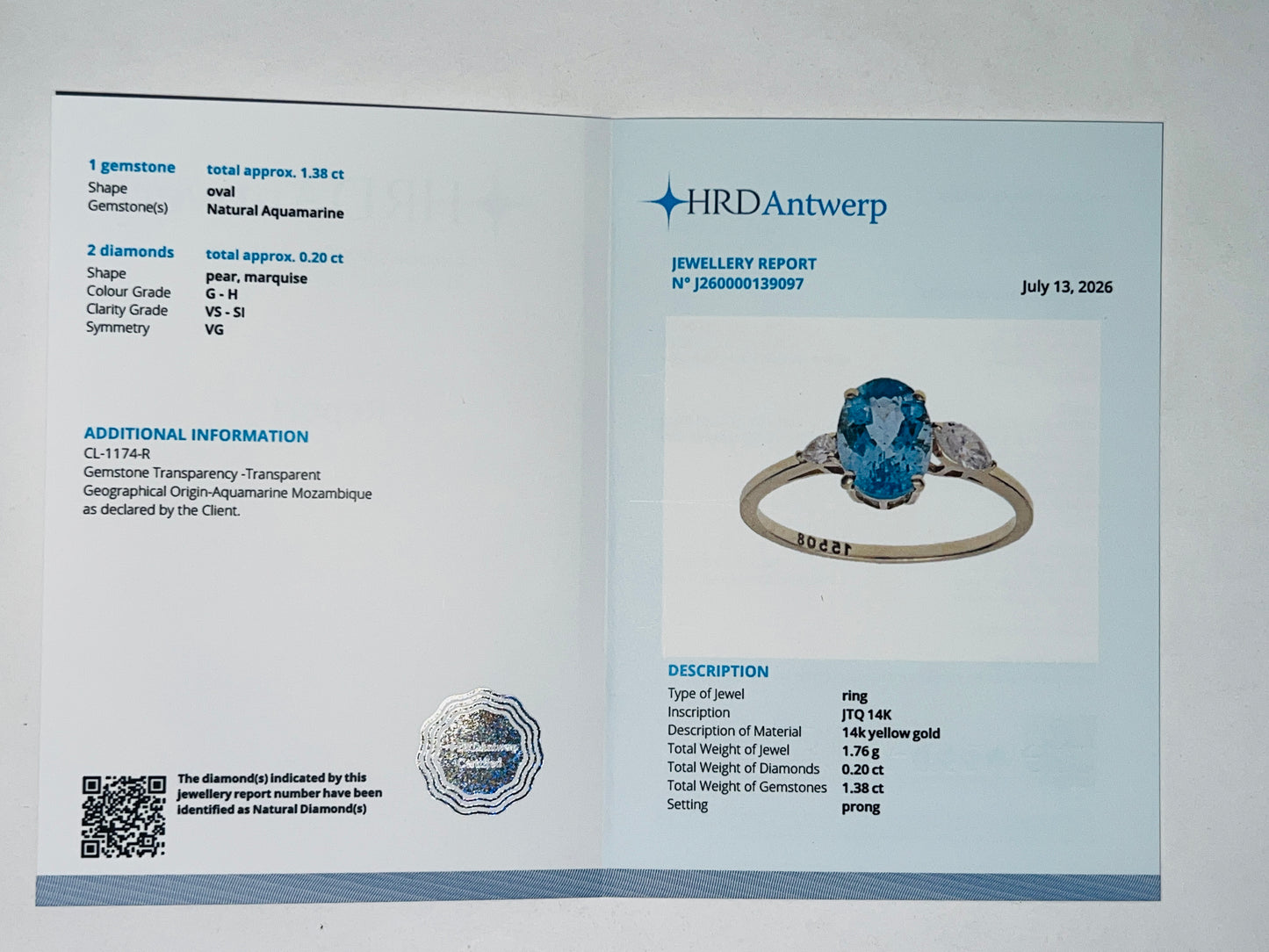 1.58 Ct Oval Natural Aquamarine 14K Gold Ring