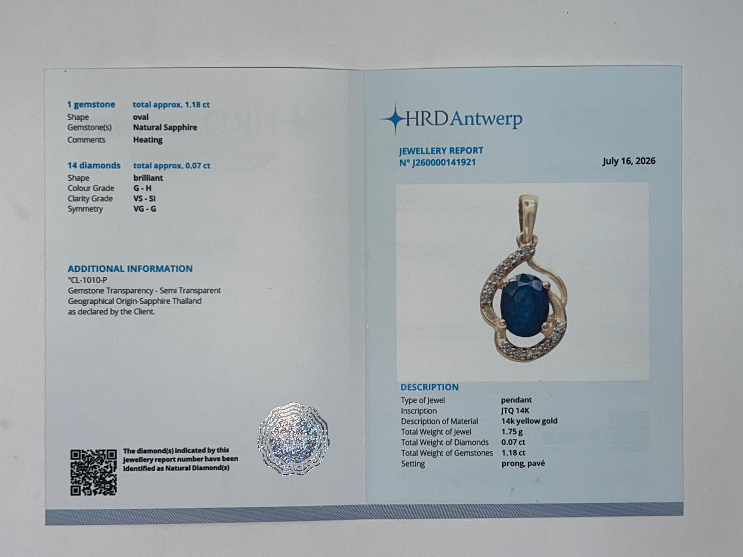 1.25 Ct Oval Natural Sapphire 14K Gold Pendant