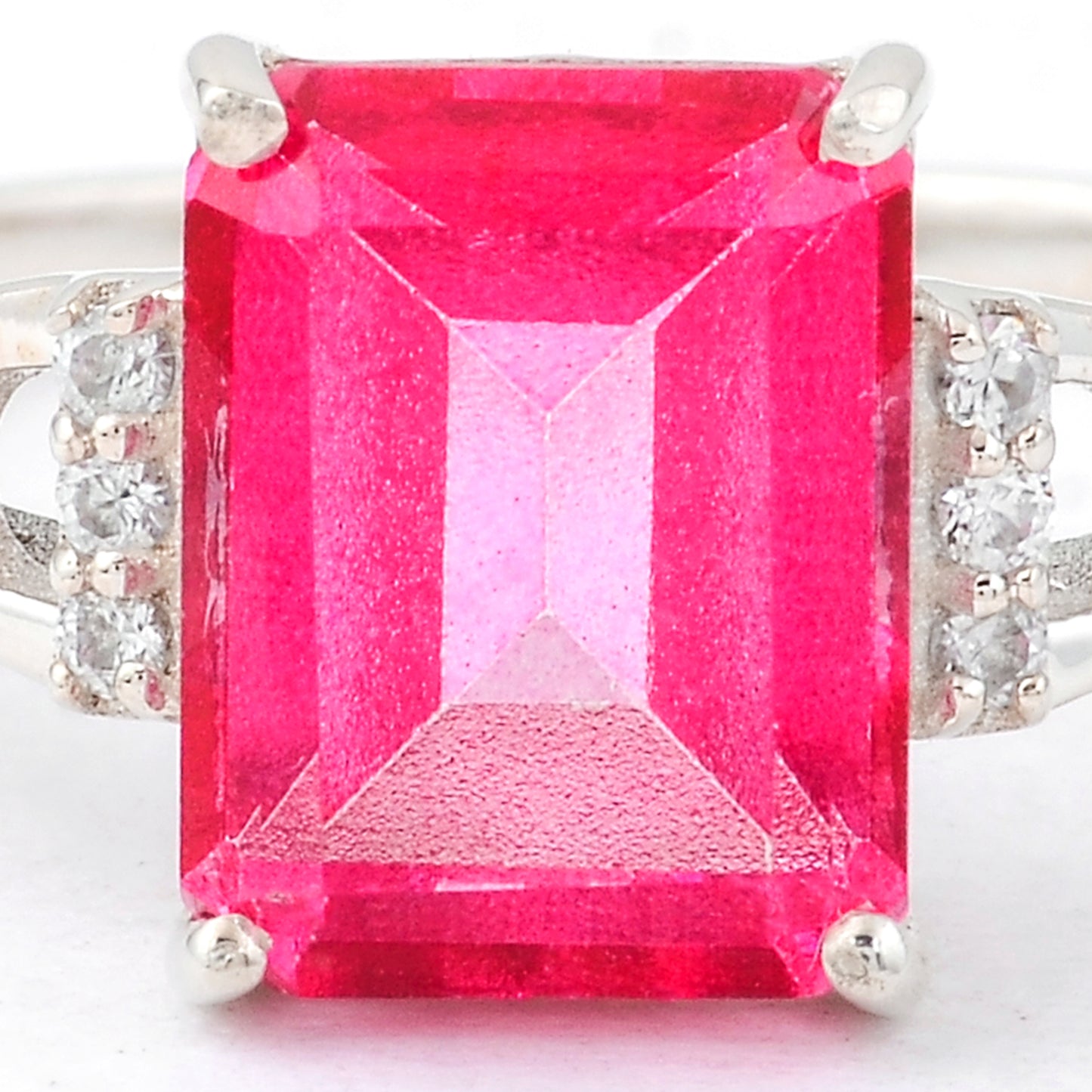 3.19 Ct Octagon Pink Topaz, White Zircon, 925 Sterling Silver Ring